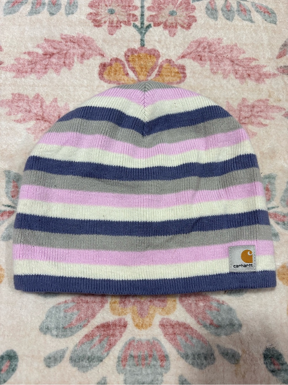 Carhartt Striped Knit Beanie in Navy, Pink & Cream